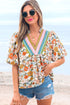 Crochet V Neck Puff Sleeve Floral Bohemian Blouse