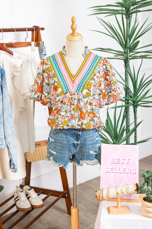 Crochet V Neck Puff Sleeve Floral Bohemian Blouse