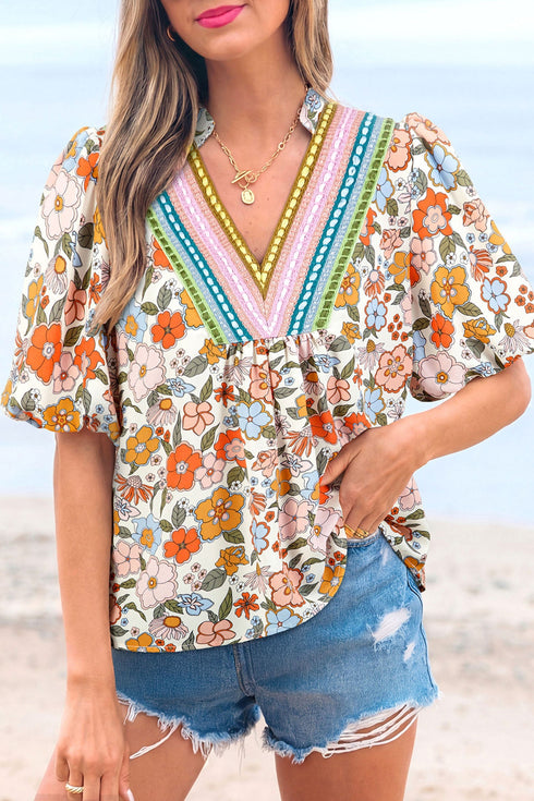 Crochet V Neck Puff Sleeve Floral Bohemian Blouse