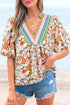 Crochet V Neck Puff Sleeve Floral Bohemian Blouse