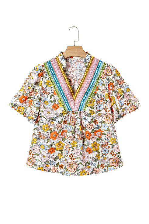 Crochet V Neck Puff Sleeve Floral Bohemian Blouse