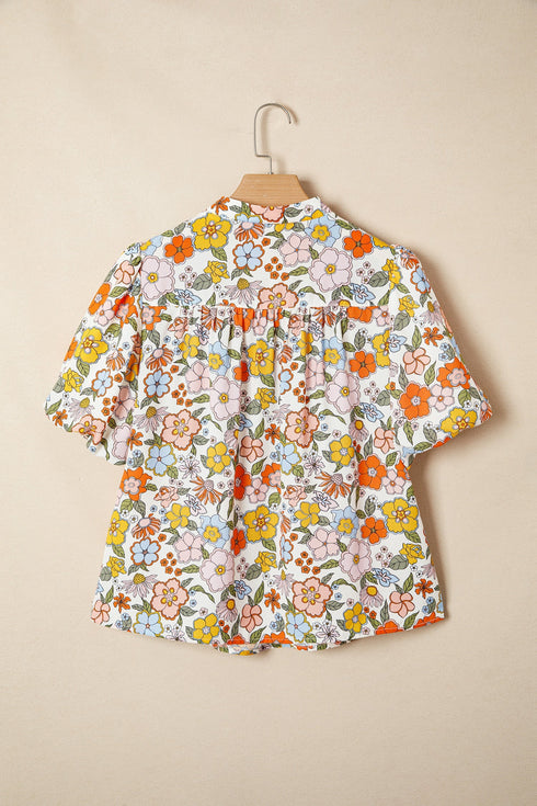 Crochet V Neck Puff Sleeve Floral Bohemian Blouse