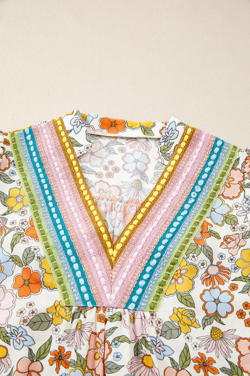 Crochet V Neck Puff Sleeve Floral Bohemian Blouse