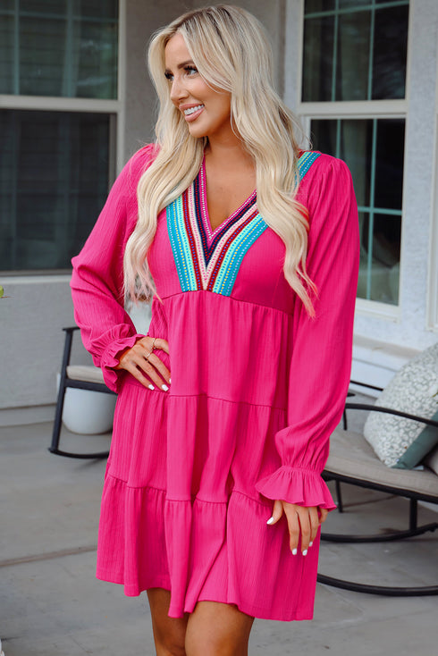 Crochet V Neck Textu Tie Ruffled Long Sleeve Mini Dress