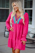 Crochet V Neck Textu Tie Ruffled Long Sleeve Mini Dress