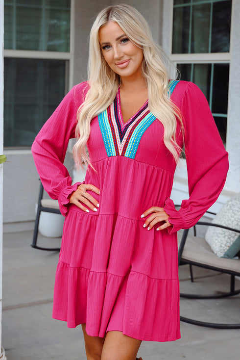 Crochet V Neck Textu Tie Ruffled Long Sleeve Mini Dress