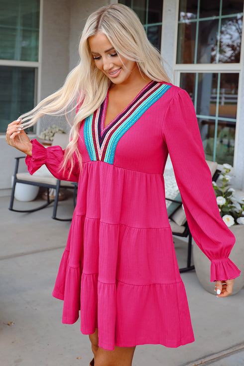 Crochet V Neck Textu Tie Ruffled Long Sleeve Mini Dress