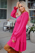 Crochet V Neck Textu Tie Ruffled Long Sleeve Mini Dress