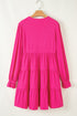 Crochet V Neck Textu Tie Ruffled Long Sleeve Mini Dress