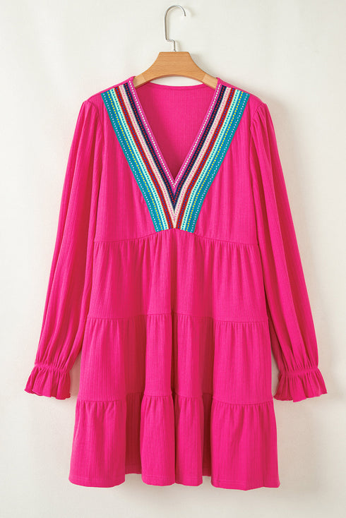 Crochet V Neck Textu Tie Ruffled Long Sleeve Mini Dress