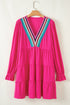 Crochet V Neck Textu Tie Ruffled Long Sleeve Mini Dress