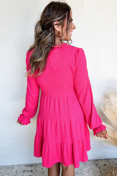 Crochet V Neck Textu Tie Ruffled Long Sleeve Mini Dress
