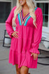 Crochet V Neck Textu Tie Ruffled Long Sleeve Mini Dress