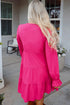 Crochet V Neck Textu Tie Ruffled Long Sleeve Mini Dress