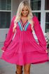 Crochet V Neck Textu Tie Ruffled Long Sleeve Mini Dress