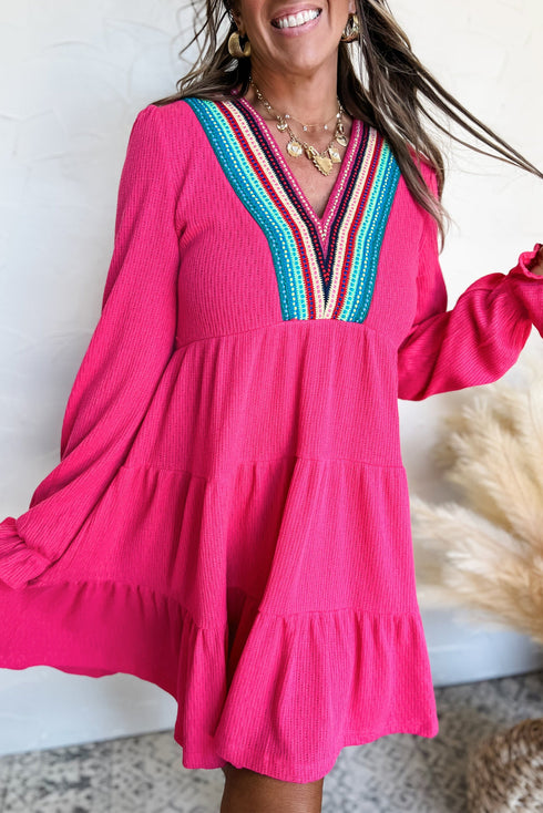 Crochet V Neck Textu Tie Ruffled Long Sleeve Mini Dress