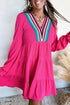 Crochet V Neck Textu Tie Ruffled Long Sleeve Mini Dress