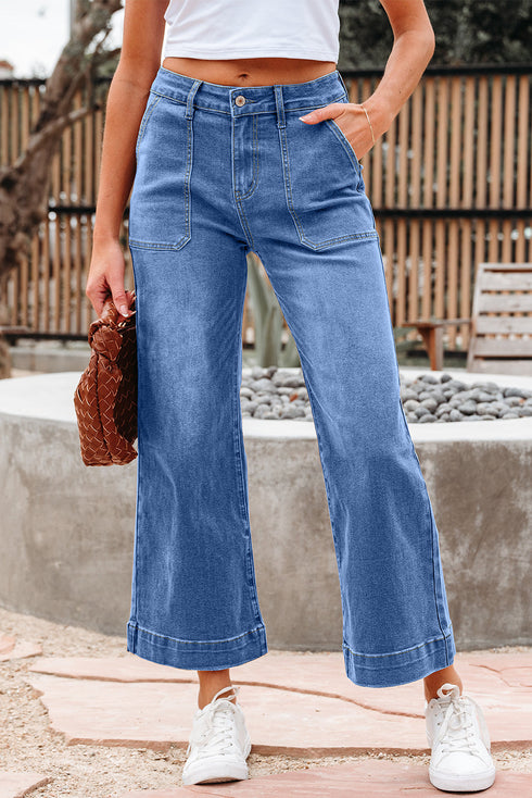 Cropped High Rise Wide Leg Stretch Denim Jeans