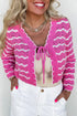 Cropped Wavy Stripe Knit Scallop Trim Tie Front Cardigan