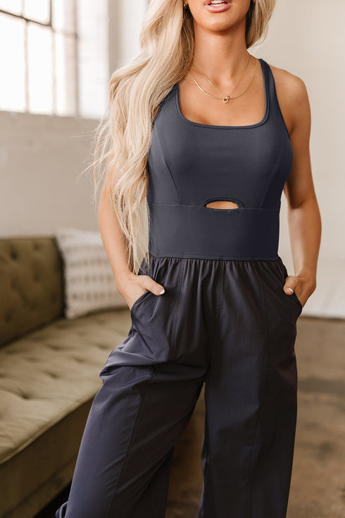 Cross Back Strappy Cut Out Relaxed Jogger Jumpsuit