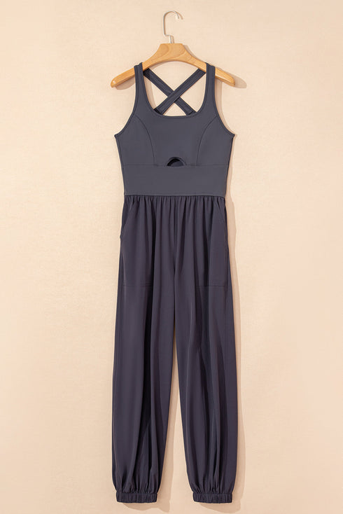 Cross Back Strappy Cut Out Relaxed Jogger Jumpsuit