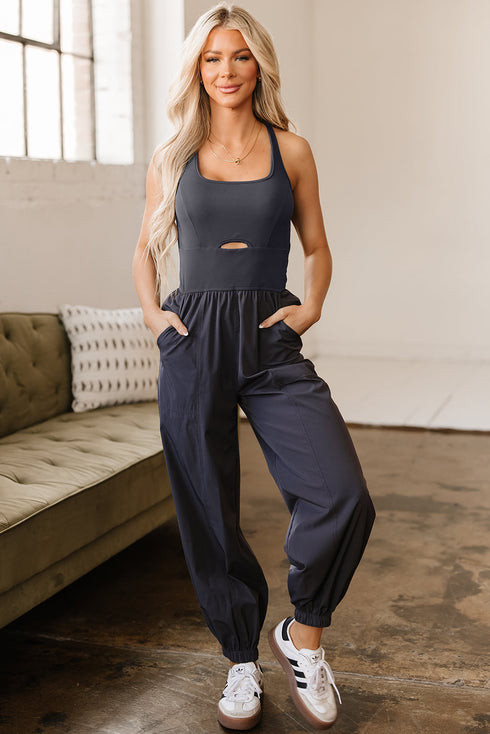 Cross Back Strappy Cut Out Relaxed Jogger Jumpsuit