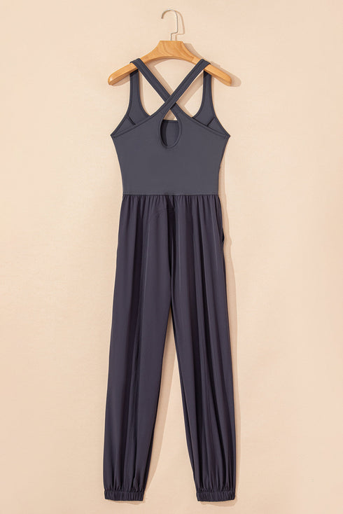 Cross Back Strappy Cut Out Relaxed Jogger Jumpsuit