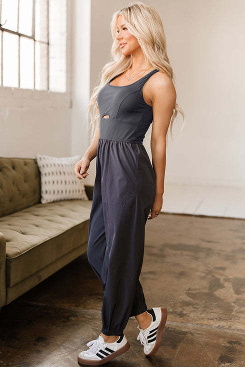 Cross Back Strappy Cut Out Relaxed Jogger Jumpsuit
