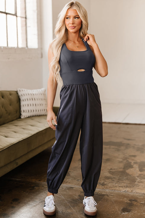 Cross Back Strappy Cut Out Relaxed Jogger Jumpsuit