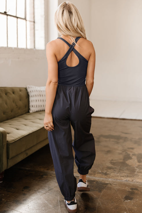 Cross Back Strappy Cut Out Relaxed Jogger Jumpsuit