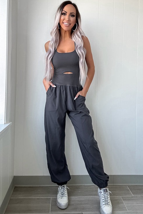 Cross Back Strappy Cut Out Relaxed Jogger Jumpsuit
