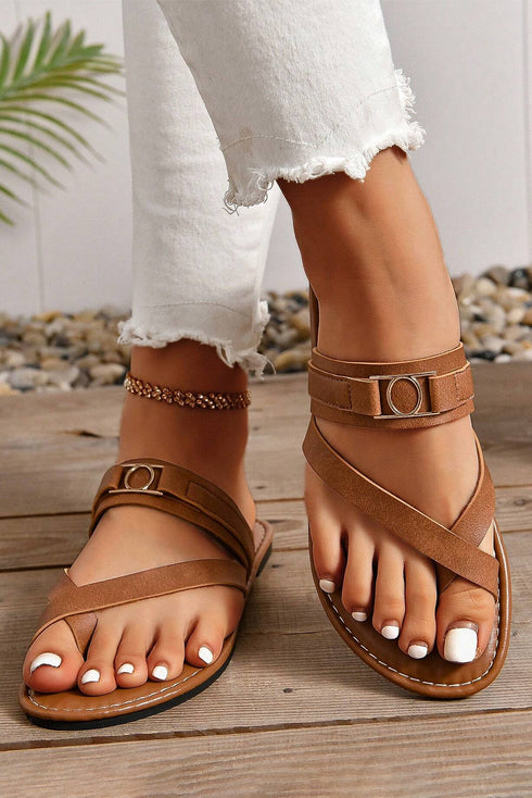 Cross Strap Buckle Detail Faux Leather Slides