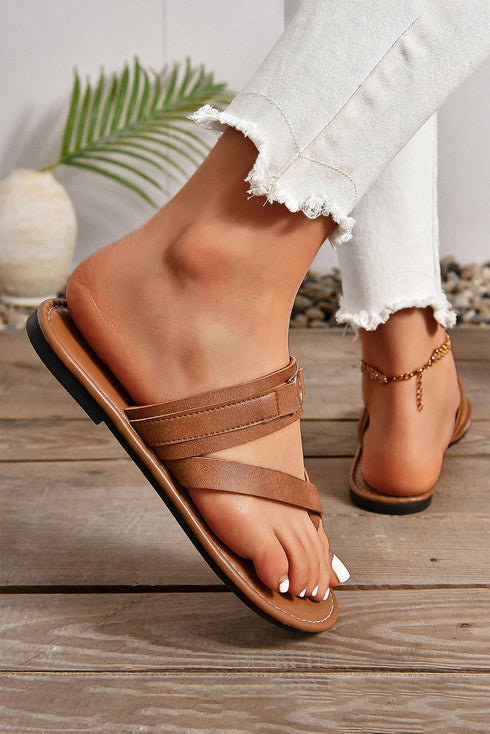 Cross Strap Buckle Detail Faux Leather Slides