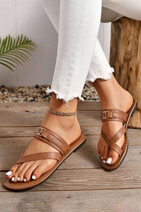 Cross Strap Buckle Detail Faux Leather Slides