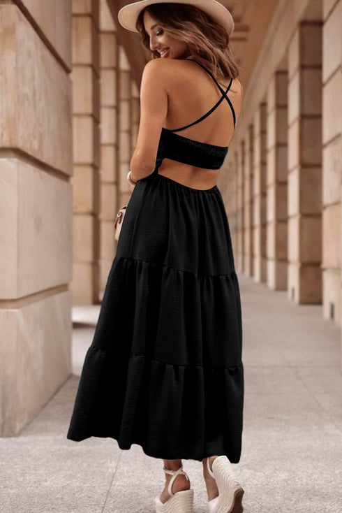 Crossover Backless Bodice Tiered Maxi Dress