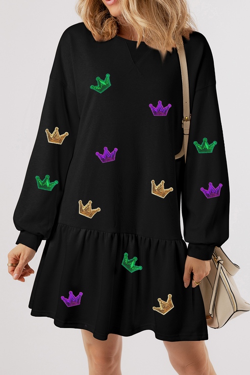 Crown Patched Long Sleeve Ruffle Hem Graphic Dress