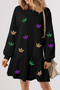 Crown Patched Long Sleeve Ruffle Hem Graphic Dress