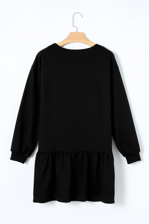 Crown Patched Long Sleeve Ruffle Hem Graphic Dress
