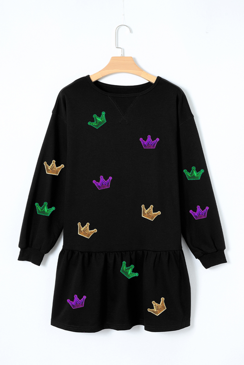 Crown Patched Long Sleeve Ruffle Hem Graphic Dress