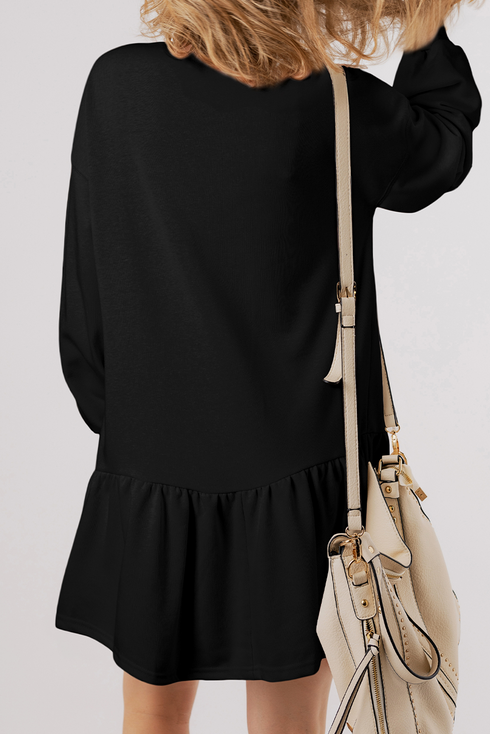 Crown Patched Long Sleeve Ruffle Hem Graphic Dress