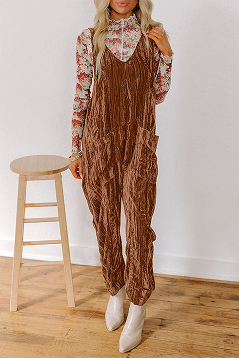 Crushed Velvet Adjustable Straps Patch Pockets V Neck Relaxed Tapered Jumpsuit