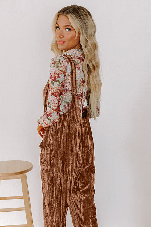 Crushed Velvet Adjustable Straps Patch Pockets V Neck Relaxed Tapered Jumpsuit