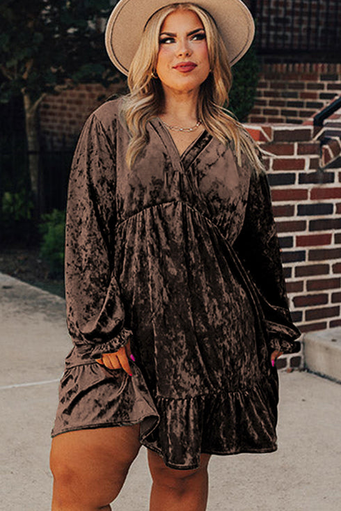 Crushed Velvet V Neck Babydoll Puff Sleeve Mini Dress