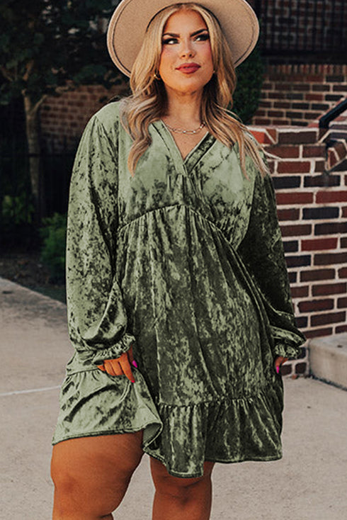 Crushed Velvet V Neck Babydoll Puff Sleeve Mini Dress