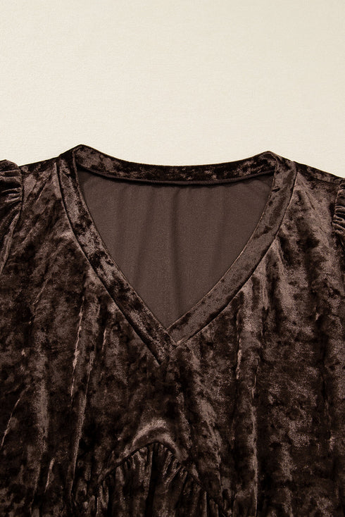 Crushed Velvet V Neck Babydoll Puff Sleeve Mini Dress