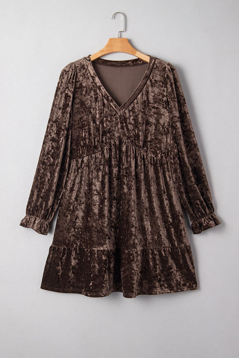 Crushed Velvet V Neck Babydoll Puff Sleeve Mini Dress