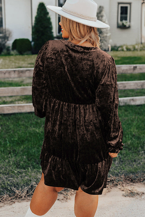 Crushed Velvet V Neck Babydoll Puff Sleeve Mini Dress