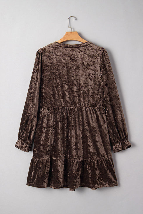 Crushed Velvet V Neck Babydoll Puff Sleeve Mini Dress