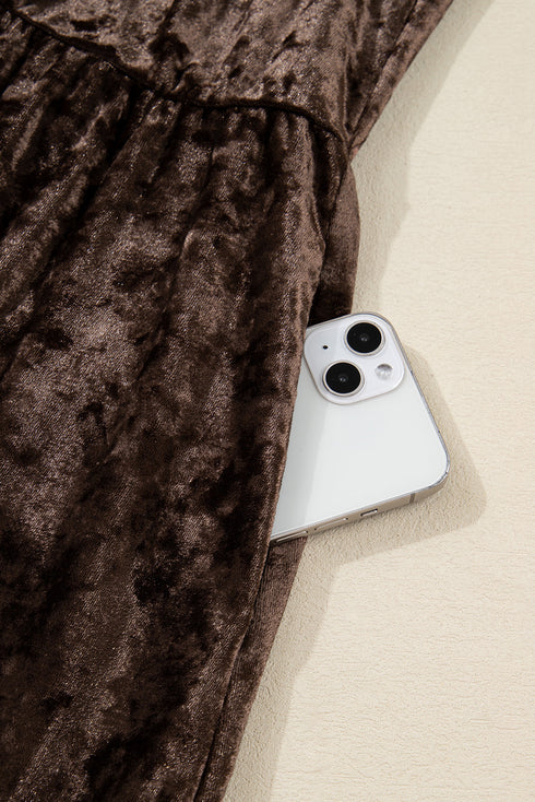 Crushed Velvet V Neck Babydoll Puff Sleeve Mini Dress