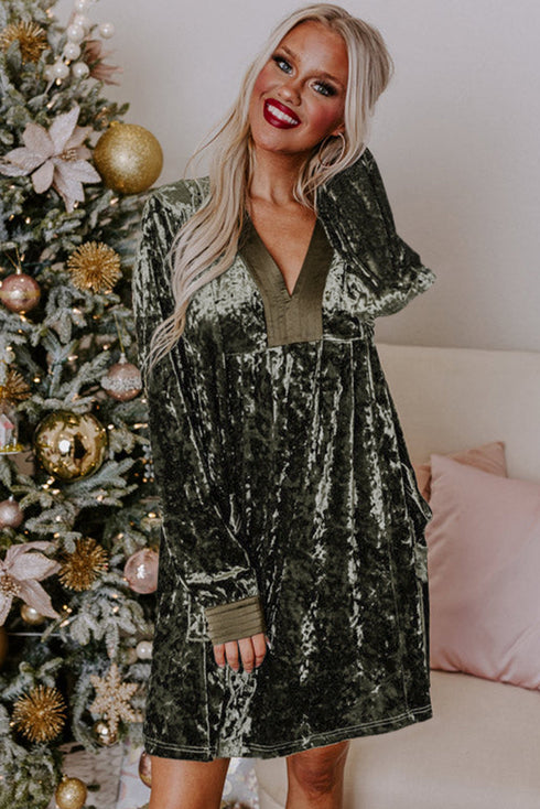 Crushed Velvet V Neck Relaxed Tunic Dress